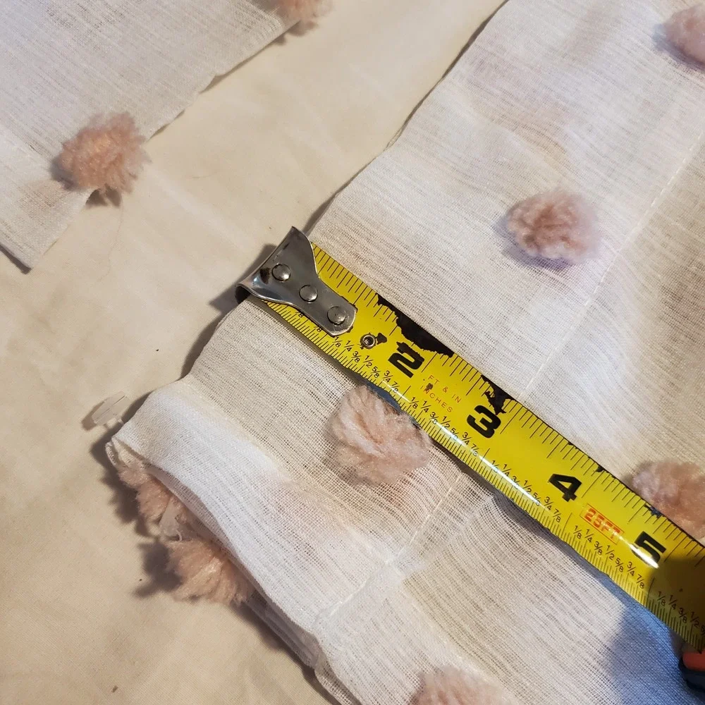 2 Piece Sheer White Valance Set with Blush Pink Tufted Pom Poms Rod Pocket